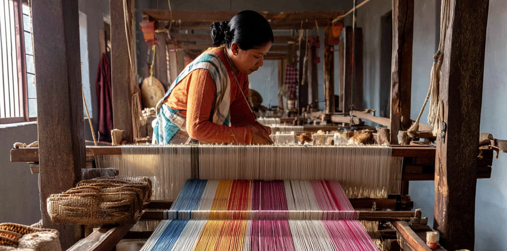 Woman weaving colorful fabric on a traditional loom in a workshop.